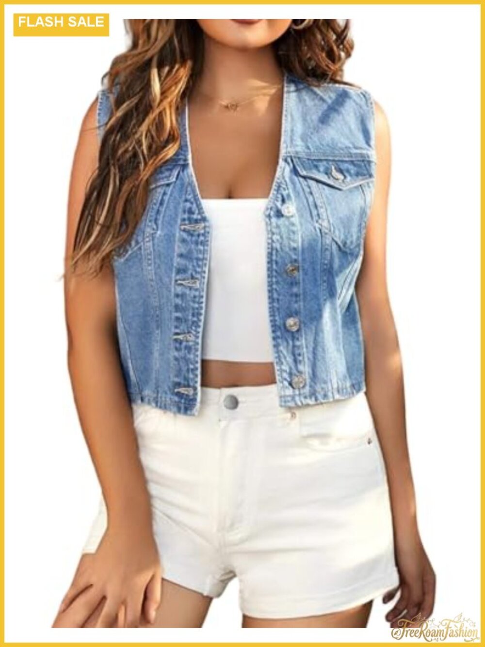 Cropped Denim Vest Top Casual V Neck Button Down Sleeveless Jean Jacket